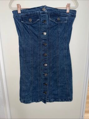 Denim Obsessed Strapless Dark Blue Denim Button-Front Mini Dress S